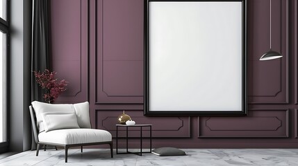 Wall Mural - Single large black frame on a pastel plum wall, soft and elegant living room