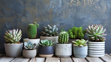 Wall Mural - Assortment of potted succulents indoors with empty space