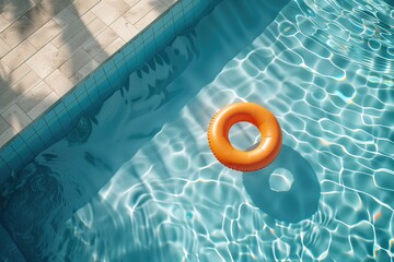 Wall Mural - Inflatable Ring Floatie Tube Summer Pool Party Fun Backdrop, Floating Poolside Swimming Toy, Whimsical Hot Sunny Day Wallpaper, Blue Water Themed Background Graphic