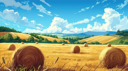 Wall Mural - Agricultural landscape with haystacks and clear blue sky