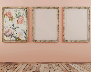 Three empty picture frames with vintage floral designs, on a soft peach wall in a quaint gallery, with a rustic oak wood floor.