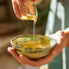 masseuse pouring oil into plate for massage