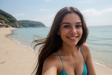 Wall Mural - Selfie shot of a young girl smiling against the beautiful sea. Summer holiday and vacation concept.