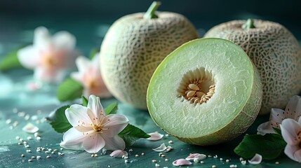 **Honeydew slices with flower petals sprinkle on a solid emerald background