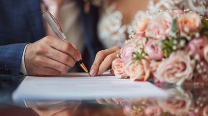 Wall Mural - A bride and groom are signing a document in front of a vase of flowers