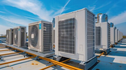 An air conditioning unit on a roof with blue skies in the background