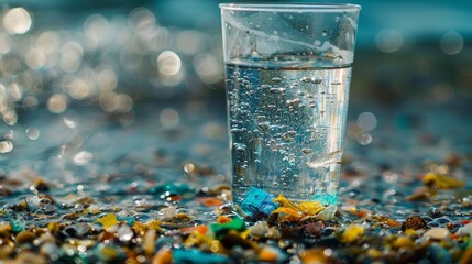 Wall Mural - A glass of water is sitting on a beach with a lot of debris around it