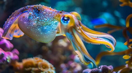 Wall Mural - A curious cuttlefish displaying its changing colors as it hovers near a coral reef.