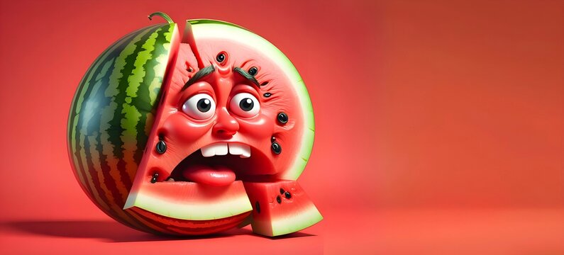 Cartoon illustration of watermelon with sad facial expression on red background