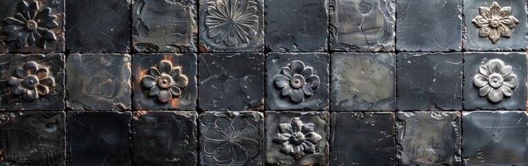 Wall Mural - Vintage Anthracite Flower Motif Tile Wall Texture for Backgrounds and Banners