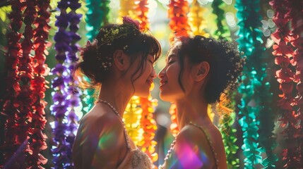 Wall Mural - Two women kissing each other in front of a bunch of colorful balloons