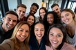 © Vanessa - Diverse group of young professionals smiling and taking a selfie in an office setting, symbolizing employee community and team building.Labor Day, part-time, happy, hard-working, active
