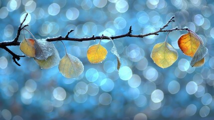 Canvas Print - Autumn Leaves Covered in Frost on Tree Branch with Blue Bokeh Background