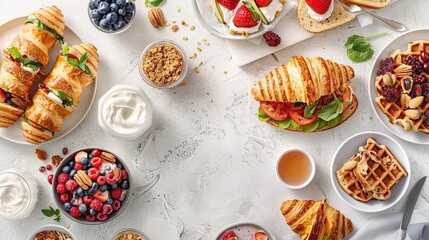 Delicious Breakfast Spread with Croissants, Waffles, and Berries