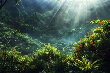 Canvas Print - Sunlight Illuminating Lush Jungle Landscape