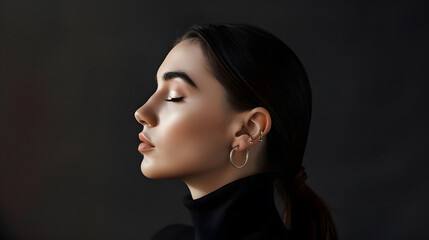 Poster - Fashion art studio portrait of beautiful elegant woman in black turtleneck Hair high beam perfect profile face Elegant beauty style Earrings in the ears : Generative AI