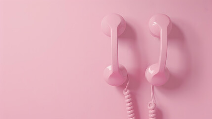 Wall Mural - Creative layout with pink retro phone handsets on pastel pink background 80s or 90s retro fashion aesthetic telephone concept Minimal romantic handset idea Valentines day idea : Generative AI