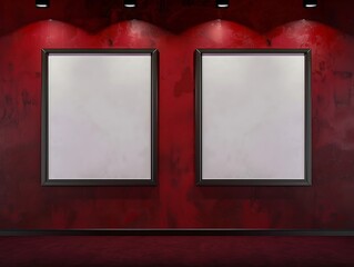 Wall Mural - Two empty square frames side by side on a dark red wall, with spotlights enhancing their dramatic and bold appearance