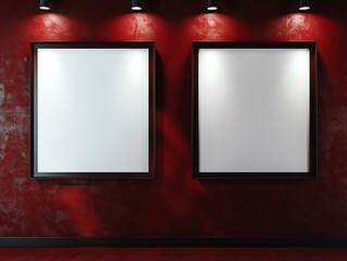 Wall Mural - Two empty square frames side by side on a dark red wall, with spotlights enhancing their dramatic and bold appearance