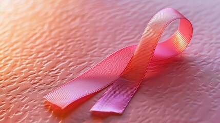 Poster - Close-up of a pink ribbon on a pink textured background.