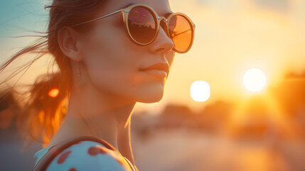 Wall Mural - Young beautiful girl in stylish sunglasses and with a fashionable bag at sunset : Generative AI