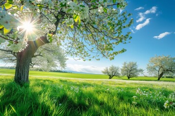 Wall Mural - A beautiful sunny day with a tree in the middle of a field