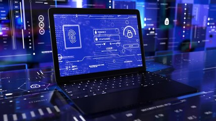 Laptop 3D Password access Login HUD Data Information internet Security cyber hackers attack 2D graphic animation
