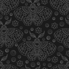 Wall Mural - Seamless pattern with light contour moths and flowers, on a dark background