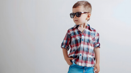 Canvas Print - Cute and funny little boy in plaid shirt and blue shorts and sunglasses Fashion children White background : Generative AI