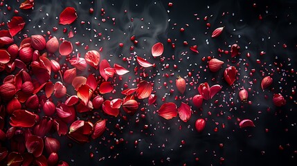**Pomegranate seeds with flower petals sprinkle on a solid black background