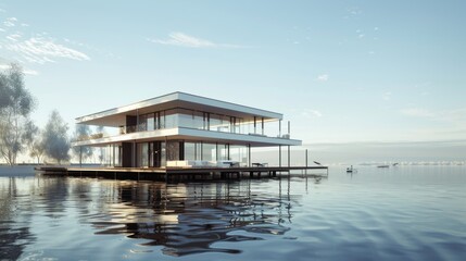 Modern Floating House with Afternoon Blue Sky 