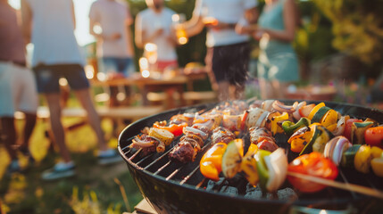 Outdoor party of group friends with barbecue grill on charcoal.