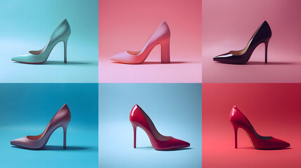 Sticker - Collage with stylish high heeled shoes on color background : Generative AI