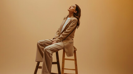 Wall Mural - side view of pretty woman in trendy blazer and pants sitting on wooden stool on beige background : Generative AI