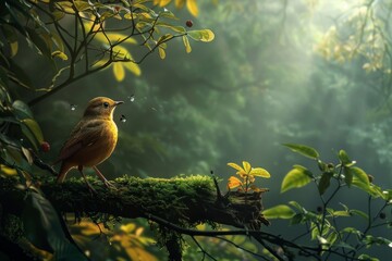 Poster - Golden Bird Perched on Moss-Covered Branch in a Misty Forest