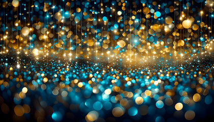 Wall Mural - Blue and gold bokeh texture lights on a black background blurred bokeh light background, Christmas and New Year holidays background, texture image could be used as a website or presentation 