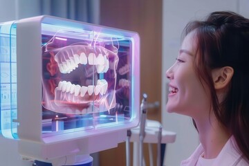 Wall Mural - radiant smile reimagined futuristic dental consultation with holographic teeth display and aiassisted treatment