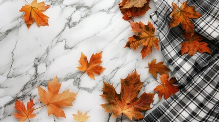 Poster - Autumn minimalist composition with plaid and maple leaves on marble backdrop Thanksgiving and fall theme Flat lay with room for text