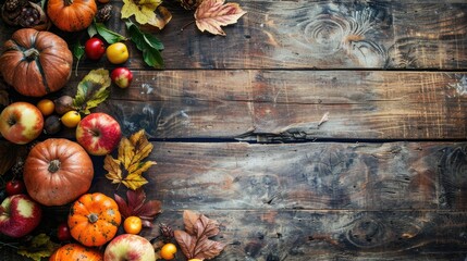 Poster - Arrangement of fall produce on wooden backdrop with space for text