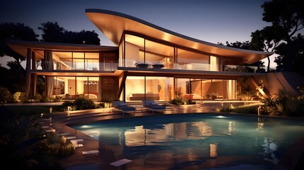 Wall Mural - Modern Luxury Home with pool and garden at night - Panorama