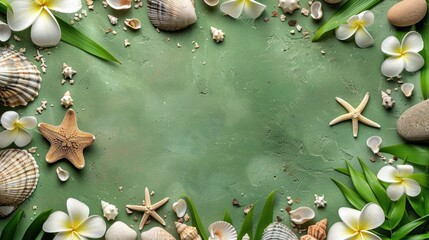 Summer themed travel decoration with sea shells pebbles starfish and flowers on green background