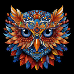 Colorful Owl Mandala with Ice Blue Eyes on Black Background: Intricate Vector Illustration, Perfect for Spiritual and Artistic Designs