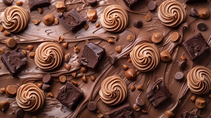 Close-up of chocolate swirls, chocolate chips, and broken chocolate bars on a brown background.