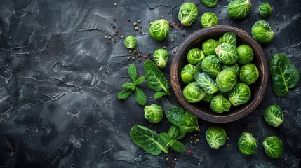 Canvas Print - Fresh Brussels Sprouts on Table from Top View