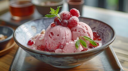 Wall Mural - Bowl of pink ice cream with raspberries and pomegranate seeds.