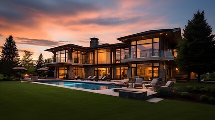 Wall Mural - Panoramic view of luxury house with swimming pool at dusk.