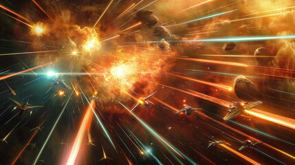Wall Mural - Fierce space battle unfolds above the swirling atmosphere of a gas giant planet, as several starships exchange laser fire
