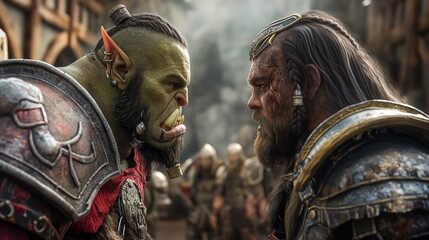 Battle of orcs and paladins, the world of warcraft. A man and an orc face to face, the confrontation of the warriors. Orc and men in armor
