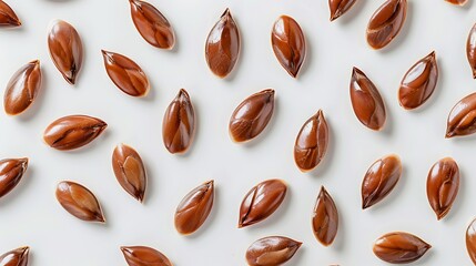 Wall Mural - Macro shot of flax seeds arranged neatly on a clean white backdrop.