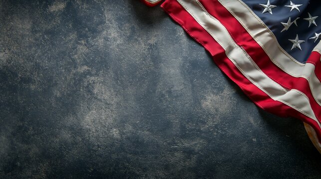 A close-up image of a folded American flag draped on a dark gray surface. The flag is positioned diagonally across the bottom right corner of the image, leaving ample space for text
